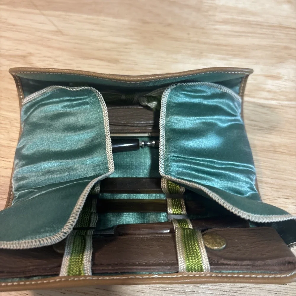 VTG Antique Celluloid Tortoiseshell Manicure Set, Green Satin Roll-Up Leather